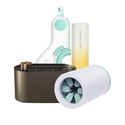 Luxury pet indoor gift pack: Drinking fountain + hair removal brush + nail clipper set. Free foot washing cup. Your pet's home life is super warm
