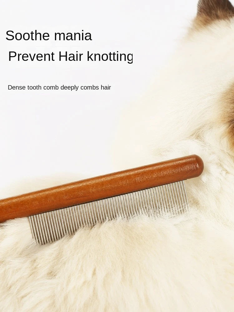 Stainless Steel Cat Comb with Wooden Handle - Pet Hair Remover, Solid for Cats, Pet Grooming Accessory & Dog Brush Cleaning Tool