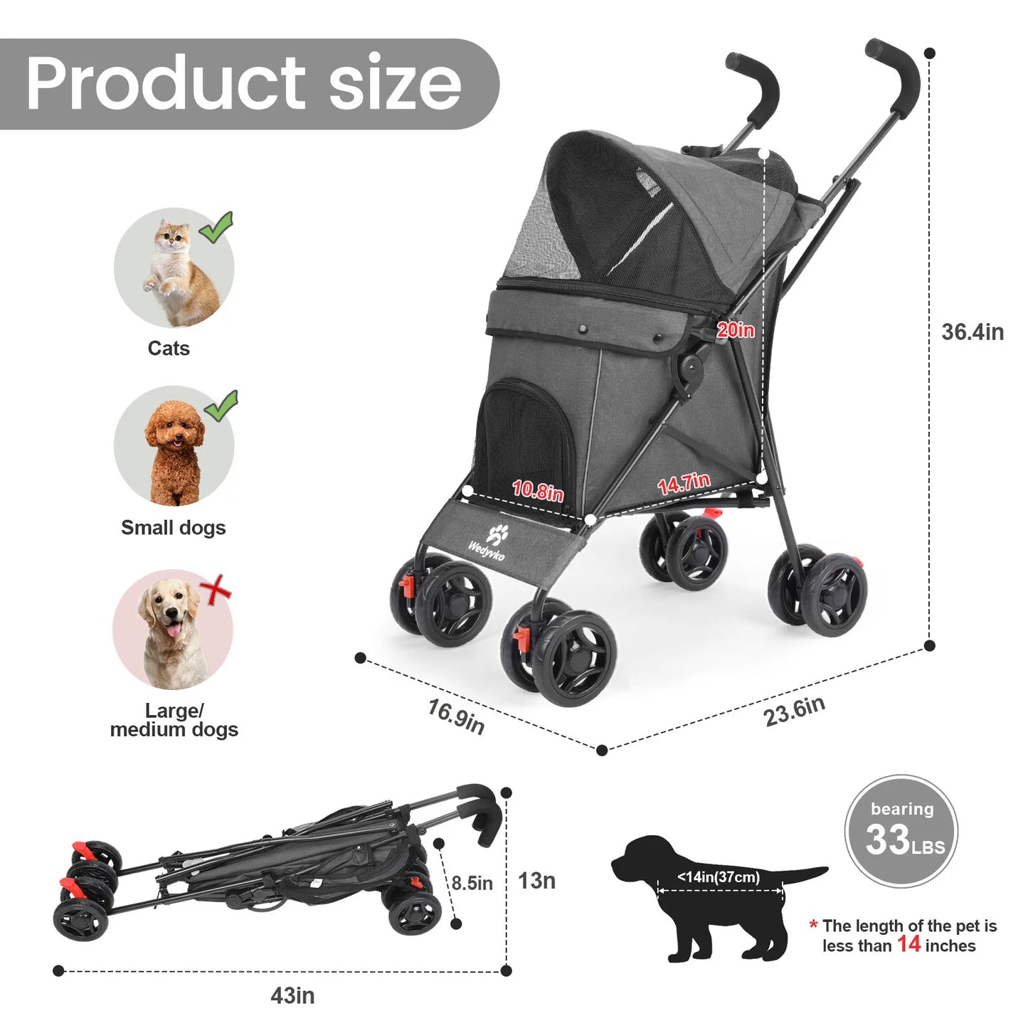 Outdoor Puppy Stroller Cat Dog Travel Breathable Pet Stroller Lightweight Folding Universal Wheels Small Medium Pet Stroller