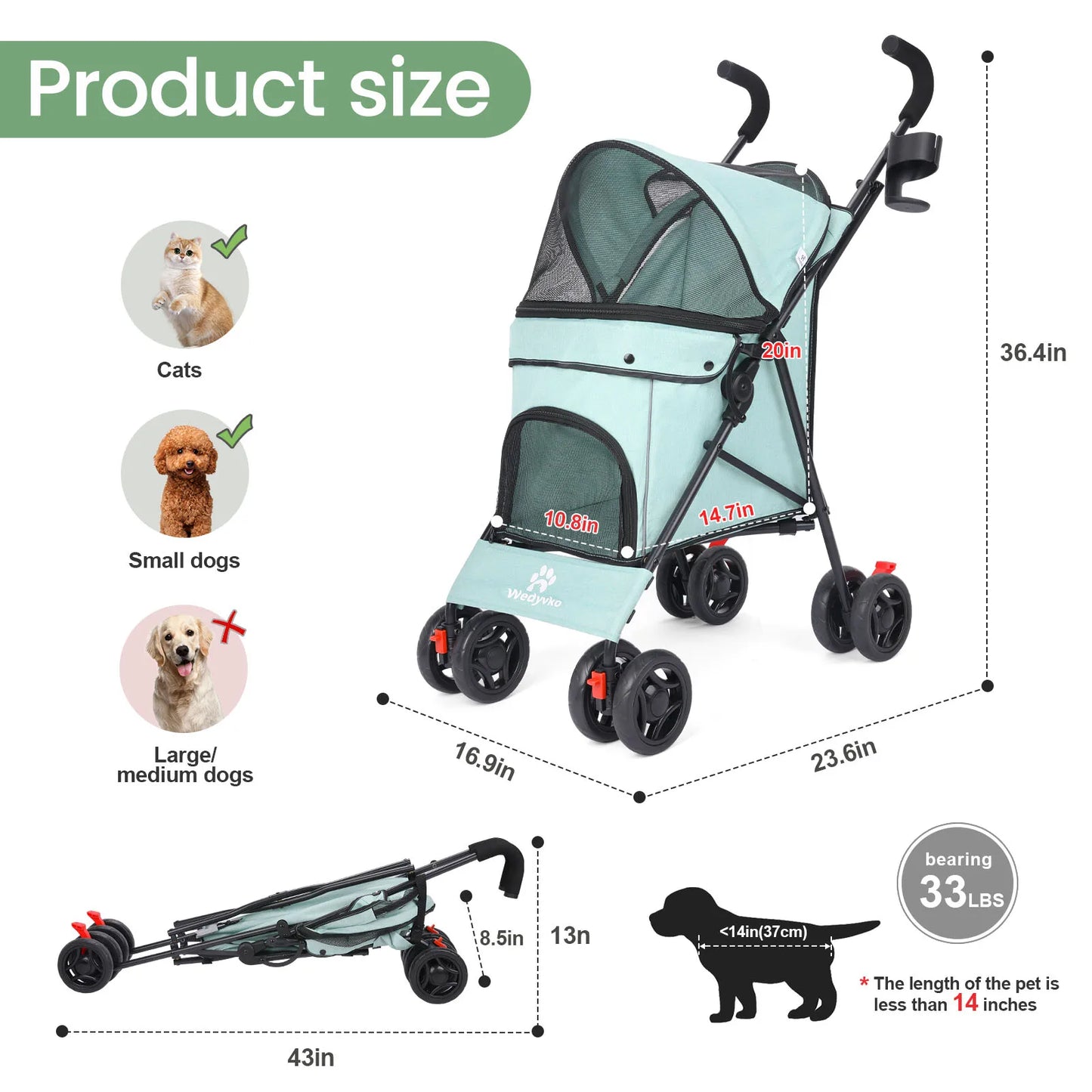 Outdoor Puppy Stroller Cat Dog Travel Breathable Pet Stroller Lightweight Folding Universal Wheels Small Medium Pet Stroller