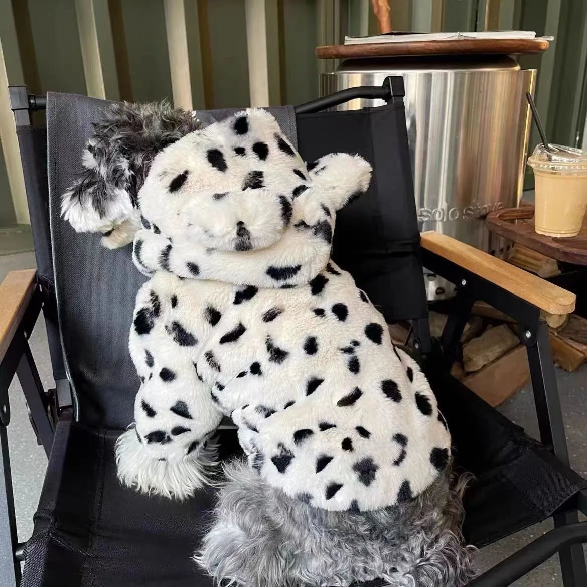 Winter New Pet Clothing white Leopard Dog Coat Warm Long Velvet Cap with Small Spots Small Dog and Cat Same Pet Fur Coat