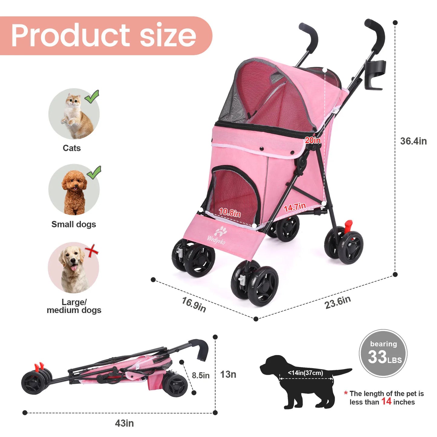 Outdoor Puppy Stroller Cat Dog Travel Breathable Pet Stroller Lightweight Folding Universal Wheels Small Medium Pet Stroller