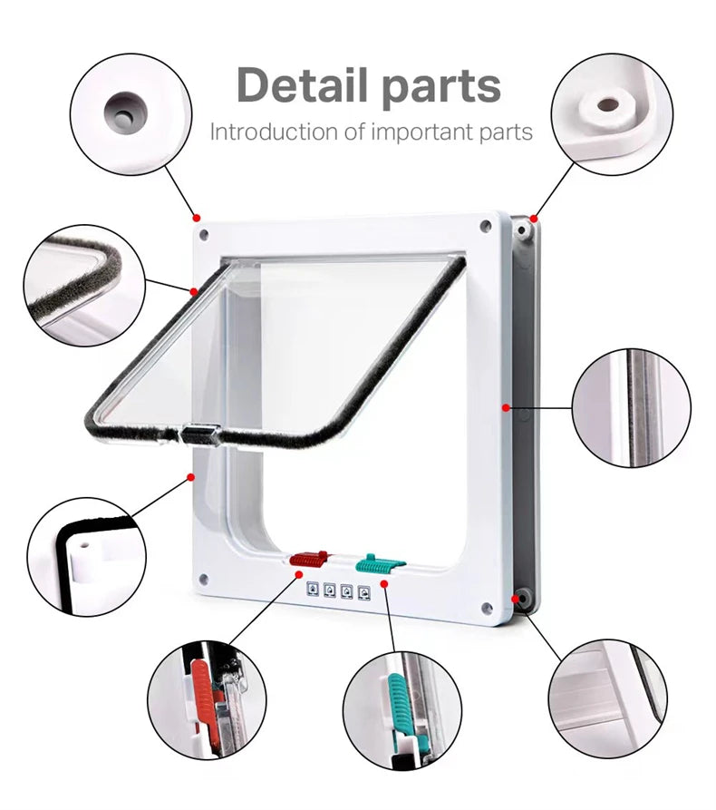 Cat Flap Door with 4 Way Security Lock Controllable Switch Transparent ABS Plastic Gate Puppy Kitten Safety in&out Pet Doors Kit