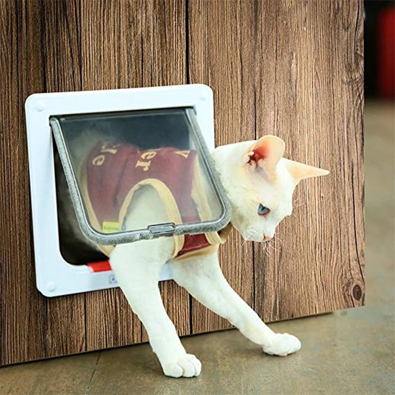 Cat Flap Door with 4 Way Security Lock Controllable Switch Transparent ABS Plastic Gate Puppy Kitten Safety in&out Pet Doors Kit