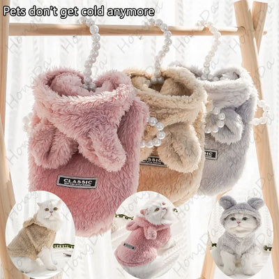 Flannel Cotton Coat for Pet, Soft Cotton Wool Material Warm and Comfortable Cute Cat Clothing Rabbit Ears Puppy Coat Autumn and