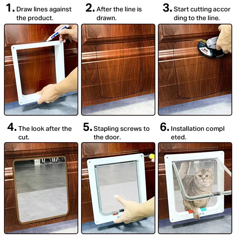 Cat Flap Door with 4 Way Security Lock Controllable Switch Transparent ABS Plastic Gate Puppy Kitten Safety in&out Pet Doors Kit