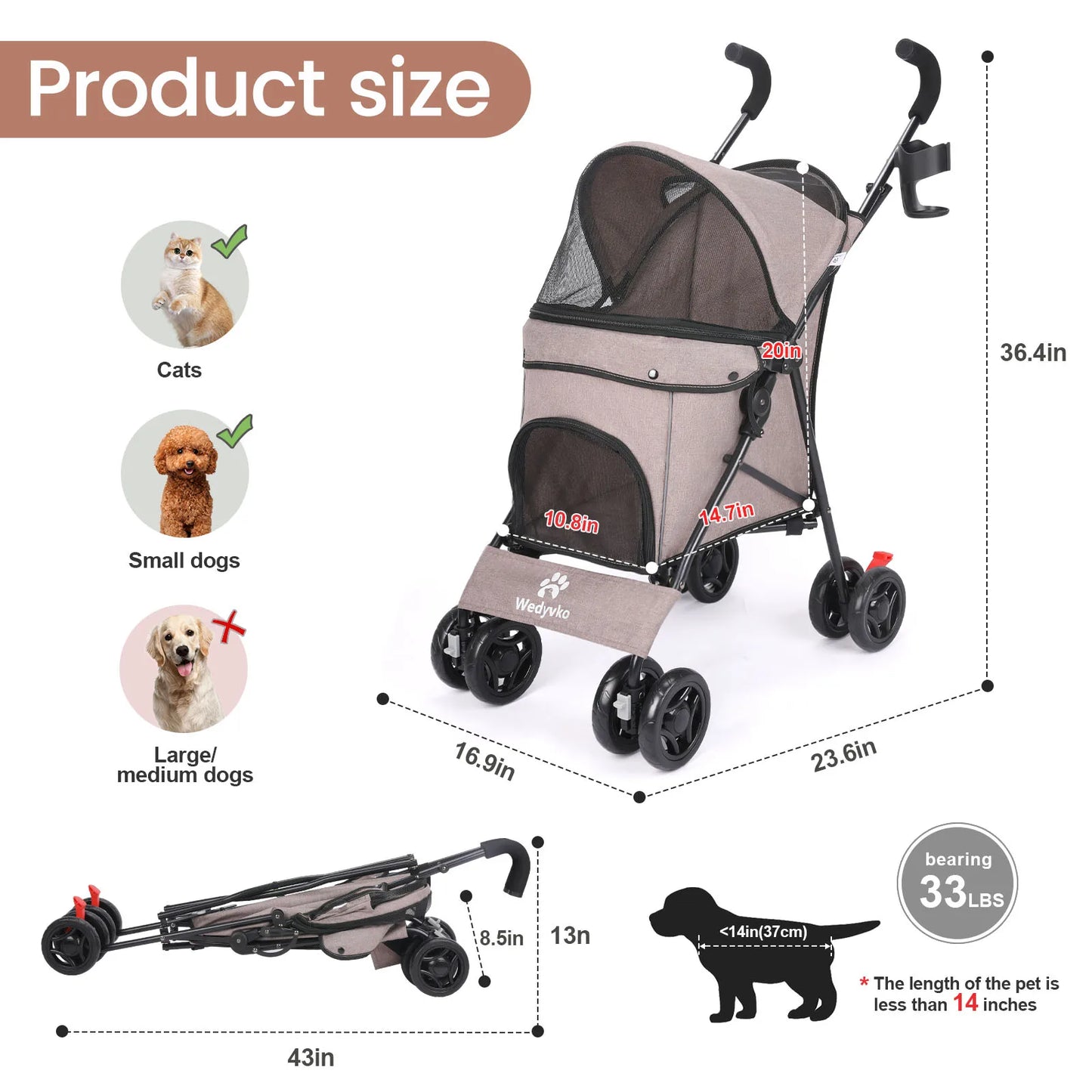 Outdoor Puppy Stroller Cat Dog Travel Breathable Pet Stroller Lightweight Folding Universal Wheels Small Medium Pet Stroller